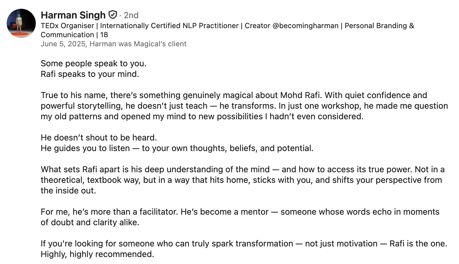 LinkedIn recommendation from Harman Singh about Mohammed Rafi and Magic of Change.